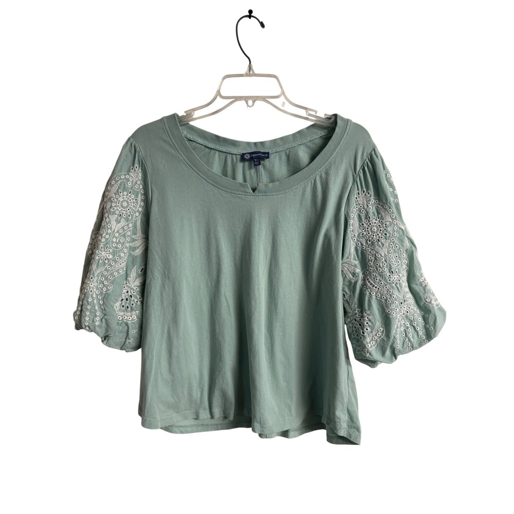 Democracy Sage Green Eyelet Embroidered Puff Sleeve Top XL‎ Boho Scoop Neck